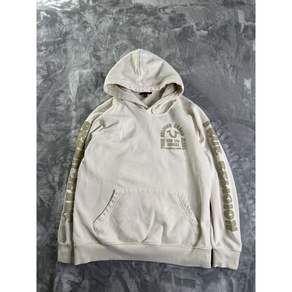 True Religion Creme White Graphic For The Senses Puff Print Hoodie Sz M